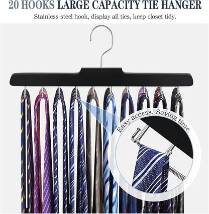 2PC Tie Rack Hanger for Closet Fitnice Upgraded Non Slip Tie Holder Organizer Space Saving with 20 Foldable Hooks Wooden Belt Hanger for Tank Tops Bras Cami Scarves,Black