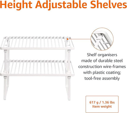 Amazon Basics Space-Saving Stackable Metal Kitchen Cabinet Organizer Shelves for Dishes, Pantry Organization, 12.5" L x 8" D x 4.5" H, Set of 2, White
