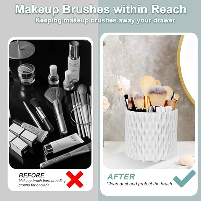 WAFJAMF Makeup Brush Holder 360 Rotating Cosmetics Holders Storage Cup for Vanity Desktop Bathroom Countertop 5 Slot Makeup Brushes Container - Classic Style - Pearl White