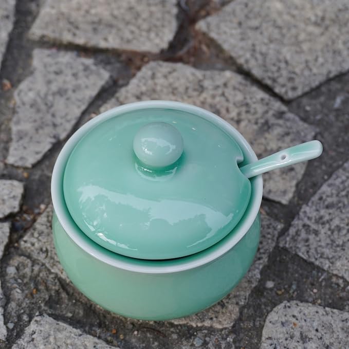 Porcelain Salt Cellar with Lid and Spoon, 4.4 oz Salt Container Sugar Bowl for Spice & Seasonings, Elegant Kitchen Counter Decor, Chinese Celadon (Light Green)
