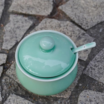 Porcelain Salt Cellar with Lid and Spoon, 4.4 oz Salt Container Sugar Bowl for Spice & Seasonings, Elegant Kitchen Counter Decor, Chinese Celadon (Light Green)
