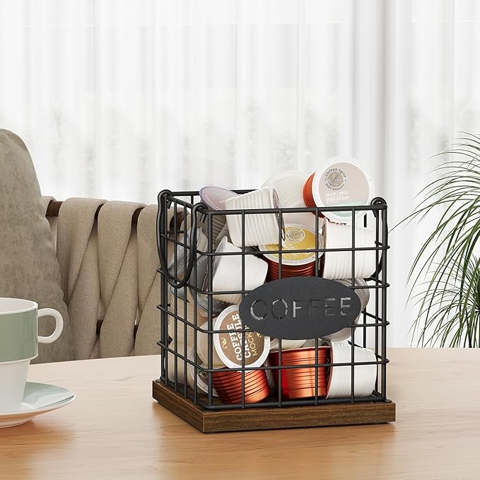 YINMIT K Cup Holder Organizer, Rustic Coffee Pod Holder Organizer, 35 Kcup Holder for Counter with Handle，Large Capacity Black Wire Coffee Capsule Basket for Kitchen Office Desktop (Square Grid)