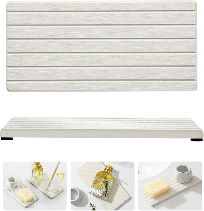 Razborci 2 Pack Greige Bathroom Sink Vanity Trays, Diatomite Stone Kitchen Counter Caddy Dish Soap Dispenser Sponge Holder, Water Absorbing Mat Organizer for Plant,Cosmetic Bottle, Beige, 8"x3.8"