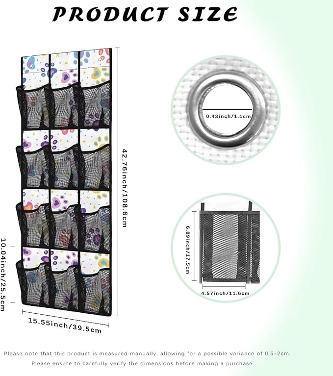 Colored Dog Paw Hanging Storage Bags,Shoe Organizer Door Hanger with 12 Mesh Large Pockets,Space Saver Hanging Shoe Storage Hanging Bag