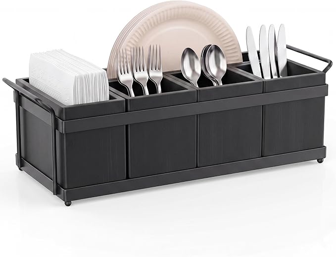 Silverware Caddy for Party, Utensil Caddy with 5 Removable Bins, Bamboo Holder for Organize Plastic Silverware, 7" to 10" Paper Plates, Napkins - Black