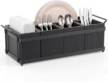 Silverware Caddy for Party, Utensil Caddy with 5 Removable Bins, Bamboo Holder for Organize Plastic Silverware, 7" to 10" Paper Plates, Napkins - Black