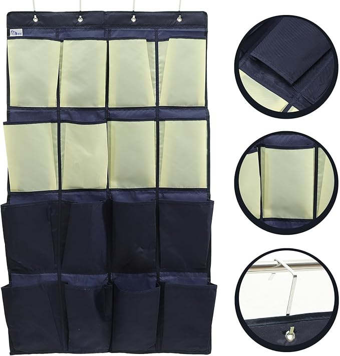 DECHOUS 16-compartment Over-the-door Shoe Organizer Bag Oxford Fabric Hanging Shoe Holder with Pockets for Closet and Bathroom Storage Blue Yellow Multi-layer Wall Mount