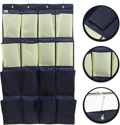 The Door Shoe Organizer Bag 16-pocket Oxford Cloth Hanging Shoe Holder Closet Storage and Accessories Blue Yellow Wall-mounted for Home Organization