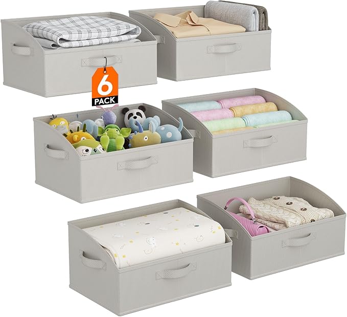 Lifewit Trapezoid Closet Storage Bins for Shelf, 6 Packs Non-woven Closet Organizer Baskets with Handles, Foldable Clothes Containers Boxes for Clothing, Book, Purse, 19L, Large, Light Gray