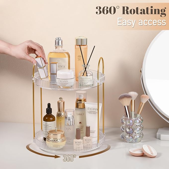 360° Rotating Makeup Organizer 2 Tier Large Capacity Perfume Skincare Tray for Dresser Spinning Bathroom Counter Organizer for Vanity Lazy Susan Turntable Storage for Kitchen, Clear