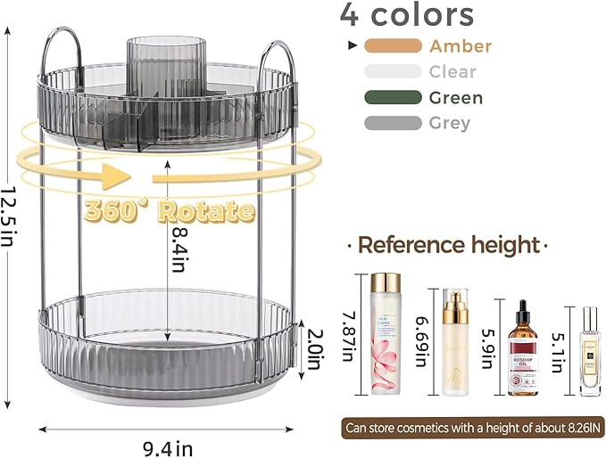 360° Rotating Makeup Organizer, Upgraded 2 Tier Skincare Perfume Organizers for Women, Bathroom Organizer Countertop, Clear Cosmetic Dresser Organizer with Makeup Brush Holder, Sink&Counter(Grey)
