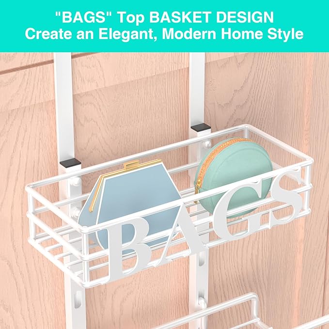 HapiRm Over Door Purse Organizer - Adjustable Purse Storage Rack with Bags Design Metal Basket, Wall Mounted Handbag Organizer, Hanging Handbag Holder, Can Use As 1/2 Part Detachable, White