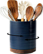 Utensil Holder, 360° Rotating Extra Large Ceramic Kitchen Utensil Holder for Countertop, 7.3“ Cooking Utensil Crocks for Kitchen Counter with Rotatable Wooden Base, Farmhouse Decor, Dark Blue