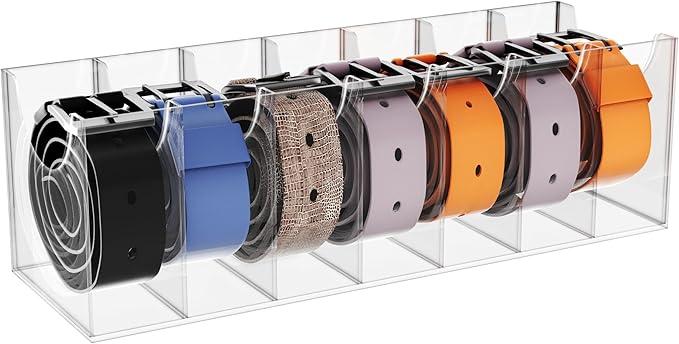 Acrylic Belt Organizer Box with 7 Compartments, Wall-Mount or Desktop Belt Storage for Men & Women, Holds Large Buckle Belts, Transparent Belt Holder for Closet Drawer Dresser (7 Compartments)