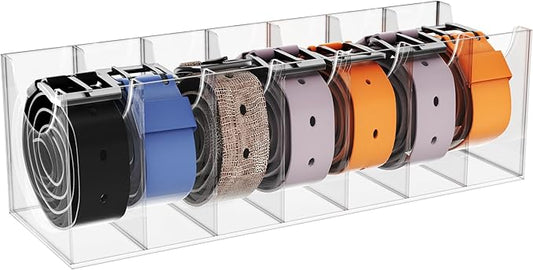 Acrylic Belt Organizer Box with 7 Compartments, Wall-Mount or Desktop Belt Storage for Men & Women, Holds Large Buckle Belts, Transparent Belt Holder for Closet Drawer Dresser (7 Compartments)