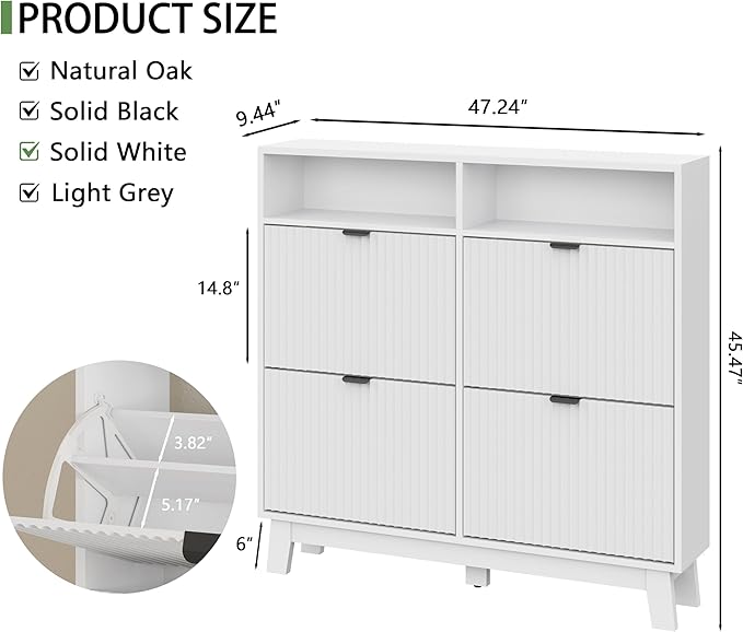 Xixini Shoe Cabinet with 4 Flip Drawers, 46" Tall Narrow Fluted Shoe Storage Organizer for Entryway, Hidden Slim Wooden Shoe Rack Cabinet for Front Door Entrance, Hallway, Living Room, Solid White