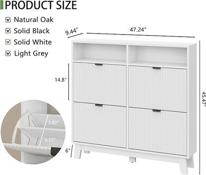Xixini Shoe Cabinet with 4 Flip Drawers, 46" Tall Narrow Fluted Shoe Storage Organizer for Entryway, Hidden Slim Wooden Shoe Rack Cabinet for Front Door Entrance, Hallway, Living Room, Solid White