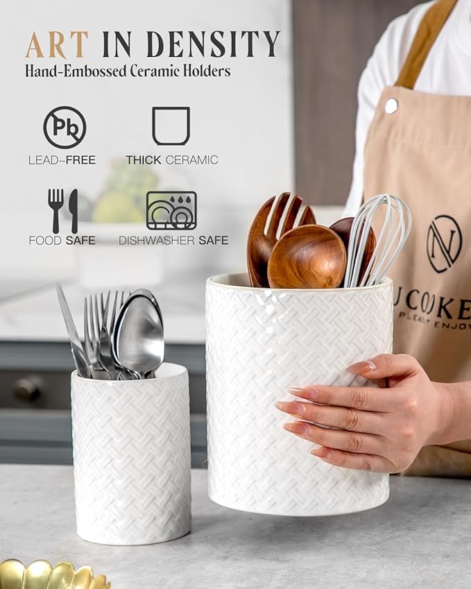 Nucookery Utensil Holder, Extra Large Ceramic Utensil Crock for Kitchen Counter, Stable Spatula & Flatware Organizer, Farmhouse Embossed Kitchen Decor, Set of 2 (Woven Pattern)