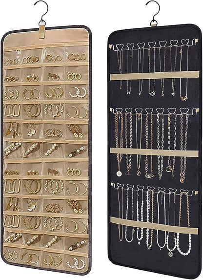 Hanging Jewelry Organizer with Hanger Metal Hooks,Wall Jewelry Holder for Earrings Necklaces Rings Bracelet,Double-Sided Closet Jewelry Storage Roll,Black