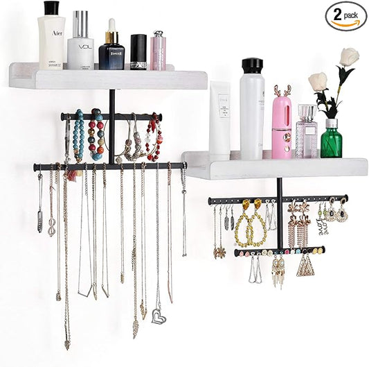 Keebofly Hanging Wall Mounted Jewelry Organizer with Rustic Wood Jewelry Holder Display for Necklaces Bracelet Earrings Ring Set of 2 White,[Patented]