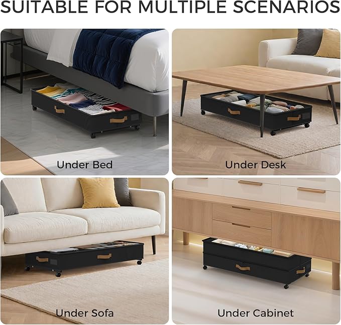 Under Bed Storage with Wheels 2-Pack, 75L XXL Under the Bed Storage Containers Large, 12" Tall Adjustable Storage for Underbed with Lids, Rolling for Shoes, Clothes, Blankets (Black)