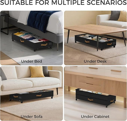 Under Bed Storage with Wheels 2-Pack, 75L XXL Under the Bed Storage Containers Large, 12" Tall Adjustable Storage for Underbed with Lids, Rolling for Shoes, Clothes, Blankets (Black)