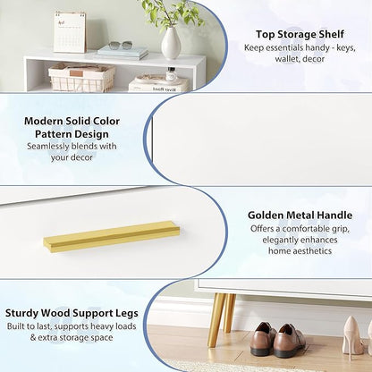 Shoe Cabinet Storage for Entryway, White Shoe Organizer with 2 Flip Drawers & Open Shelf, Freestanding Hidden Large Shoe Storage Cabinet (1pc-White, 2 Flip Drawers with Shelf)
