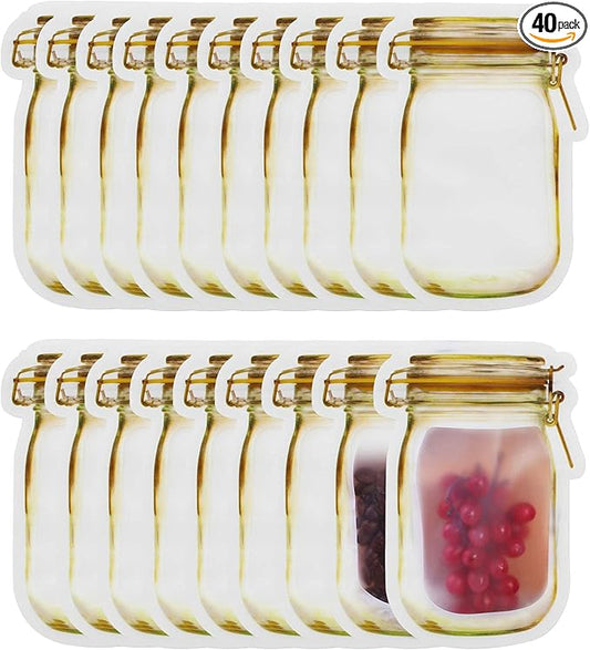 Mason Jar Bags Yellow, 40 Pcs Reusable Airtight Seal Food Storage Bags Leak-Proof Saver Bags for Travel Camping, 8 OZ
