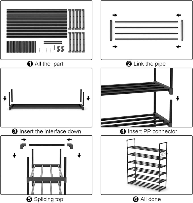 Hsscblet 6 Tiers Metal Shoe Rack,Adjustable Shoe Shelf Storage Organizer with Hooks,Stackable Boot & Shoe Storage,for Entryway,Hallway,Closet,Black