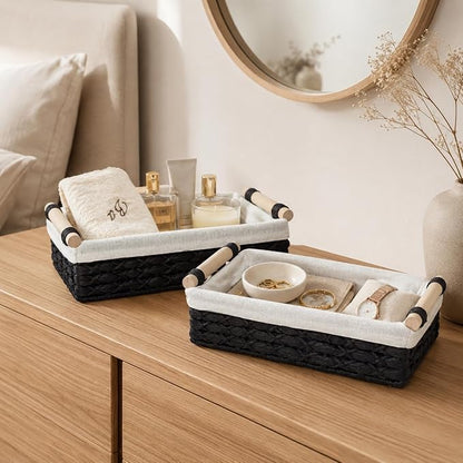 Black Wicker Bathroom Baskets Set of 2 with Linen Liner & Wooden Handles – Black Paper Rope Storage Baskets for Shelves, Bathroom Counter & Modern Décor