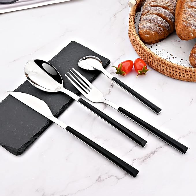 24Pcs Black Handle Silver Flatware Silverware Set, Stainless Steel Cutlery Set for 6, Square Handle Eating Utensils, Mirror Polished for Home Kitchen Bar Restaurant