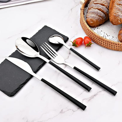 24Pcs Black Handle Silver Flatware Silverware Set, Stainless Steel Cutlery Set for 6, Square Handle Eating Utensils, Mirror Polished for Home Kitchen Bar Restaurant