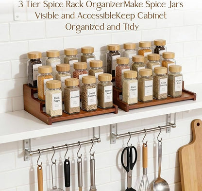 Spice Rack Organizer for Cabinet,Bamboo 12in Tiered Spice Rack，Used for Kitchen Countertops and Food Storage Room Organizer，Specially Designed for Jars and Spice Bottles (Walnut, M)