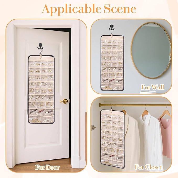 Hanging Jewelry Organizer Storage Roll with Hanger Metal Hooks Double-Sided Jewelry Holder for Earrings, Necklaces, Rings on Closet, Wall, Door,Large 14.17' x 33.07'',black