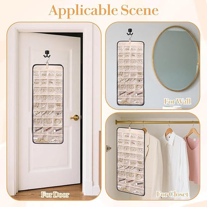 Hanging Jewelry Organizer Storage Roll with Hanger Metal Hooks Double-Sided Jewelry Holder for Earrings, Necklaces, Rings on Closet, Wall, Door,Large 14.17' x 33.07'',black