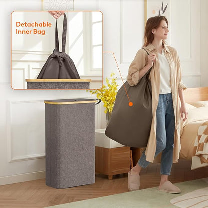Lifewit 65L Slim Laundry Hamper with Lid, Narrow Laundry Basket with Removable Bag & Bamboo Handles, Fodable Thin Dirty Clothes Hamper for Laundry Collapsible Bin for Bathroom Bedroom Dorm, Brown