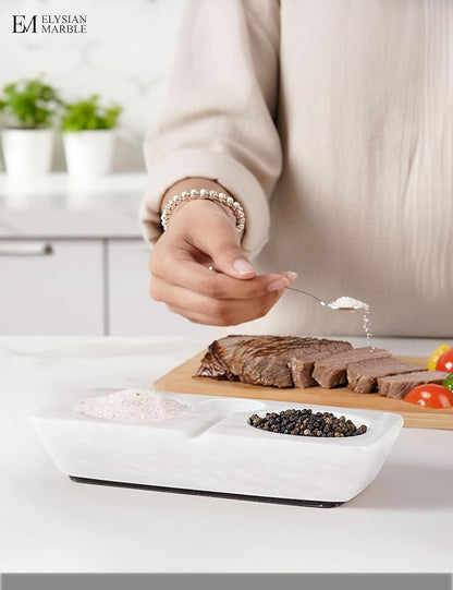 Marble Salt and Pepper Dish with Spoon, Handcrafted Double Spice Tray with 2 Compartments, Natural Stone Condiment Dish for Cooking Prep and Serving - White