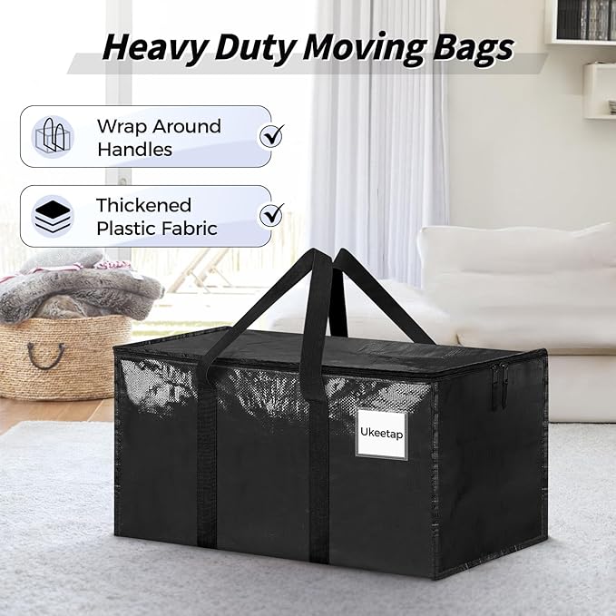 8 Pack Extra Large Heavy Duty Moving Bags, Black Storage Bins with Lids, Reinforced Handles & Heavy-Duty Zippers Moving Boxes Storage Bags Totes for Clothes Packing, Dorms, College Supplies, Black