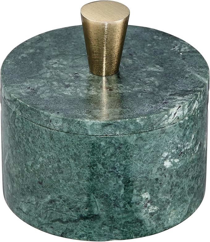 Queenza Green Marble Salt Cellar with Lid & Brass Knob - Natural Marble Spice Container for Kitchen Countertop, Gourmet Salt Holder, Small Decorative Storage Box, Gift for Home Chef