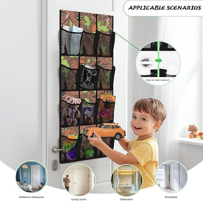 Green Dinosaur Over Door Shoe Organizer, 12 Large Pockets Hanging Rack for Closet, Dinosaur Theme Storage for Kids Bedroom & Playroom Shoes & Books
