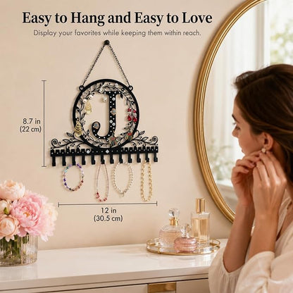 Wall-Mounted Metal Initial Letter J Earring Holder Hanging Jewelry Organizer for Earrings and Necklaces Space-Saving Wall Display with Hooks for Jewelry Storage