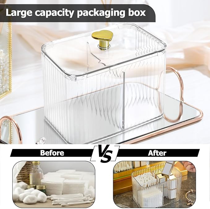 Qtips Holder Bathroom Container, 3-Section Cotton Buds Ball Dispenser, Clear Bathroom Organizer Jar, Cosmetics Storage for Vanity