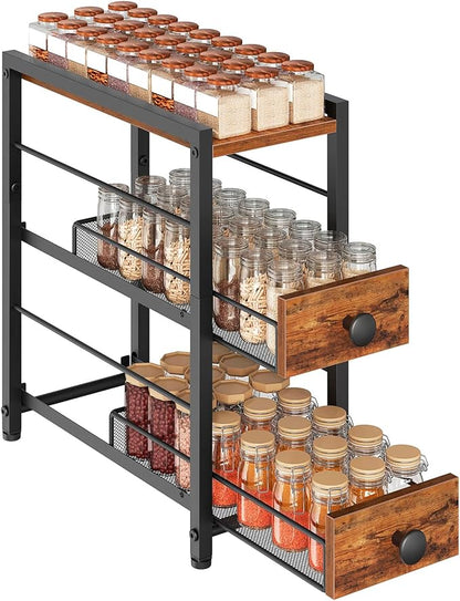 YATINEY Spice Rack, 3-Tier Pull Out Spice Rack Organizer for Countertop, Narrow Kitchen Countertop Storage Shelf with 2 Drawers, for Kitchen, Cafe, Rustic Brown and Black SR02BR