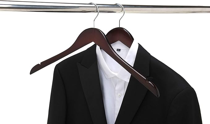 Quality Semi Curved Wooden Suit Hangers, 10-Pack Smooth Finish Solid Wood Coat Hanger with Swivel Hook, Jacket, Pant, Dress Clothes Hangers (Mahogany, 10)