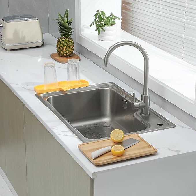MicoYang Silicone Bathroom Soap Dishes with Drain Spout-Bathroom and Kitchen Sink Organizer,Sponge Holder,Dish Soap Tray,Perfect for Dispenser,Scrubber,Bottle,Cup on Sink or Counter-Yellow 12"×4"
