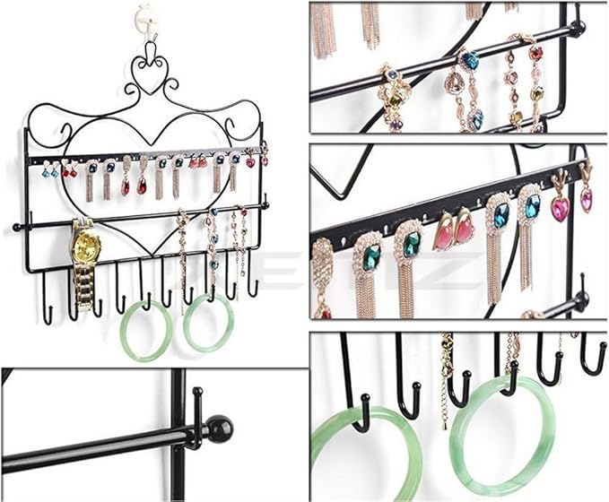 Wall Hanging Jewelry Organizer Holder, 28 Hooks Wall Mounted Storage Shelf, Heart Shape Earrings Necklace Display, Bracelet Key Chain Bangle Metal Hanger Rack – Gift for Ladies Women (Black)