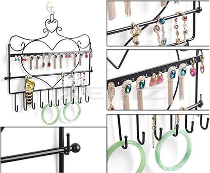 Wall Hanging Jewelry Organizer Holder, 28 Hooks Wall Mounted Storage Shelf, Heart Shape Earrings Necklace Display, Bracelet Key Chain Bangle Metal Hanger Rack – Gift for Ladies Women (Black)