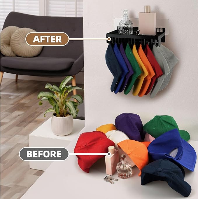 MAGTSMEI Multi-functional Baseball Hat Rack for Wall,Hat Organizer for Baseball Caps with Shelf,Over Door Hat Storage Holder Up to 16 Hats for Closet-Black