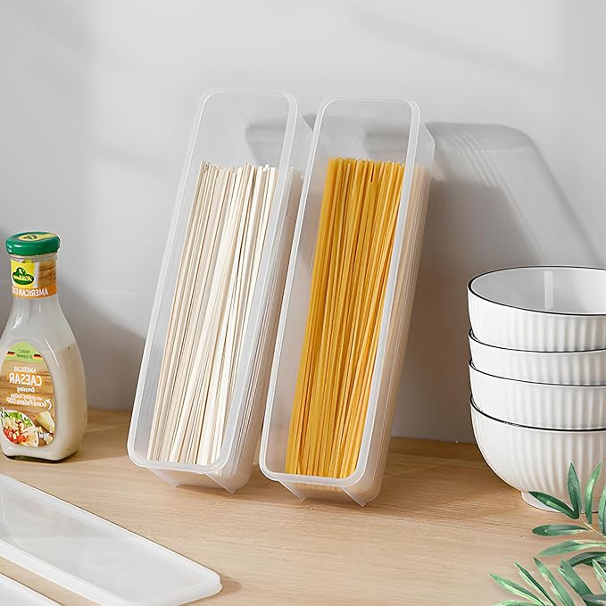 ZENFUN Set of 6 Pasta Storage Containers with Lid, Airtight Spaghetti Noodle Holder Rectangular Chopstick Storage Box Sealed Noodle Canisters for Refrigerator, Kitchen Pantry, 3" x 12" x 3", BPA-FREE