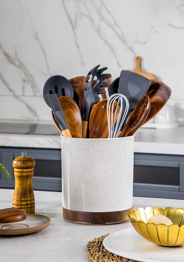 Nucookery 360°Rotating Utensil Holder, 7.2" Large Utensil Crock, White Ceramic Cooking Utensil Organizer,Farmhouse Kitchen Decor Christmas Thanksgiving Gift (Sand)